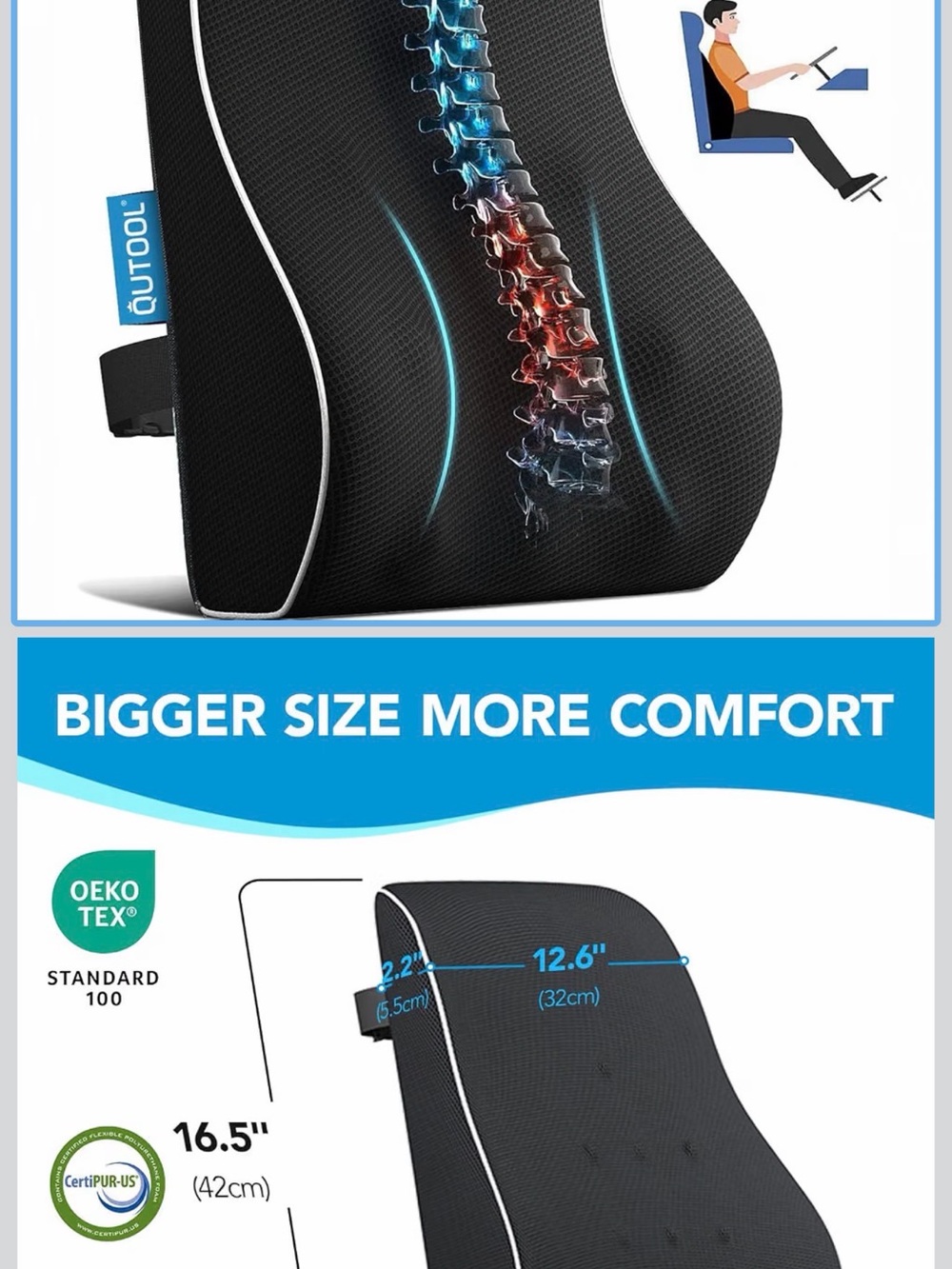 Black Lumbar Support Cushion - Ergonomic Back Relief